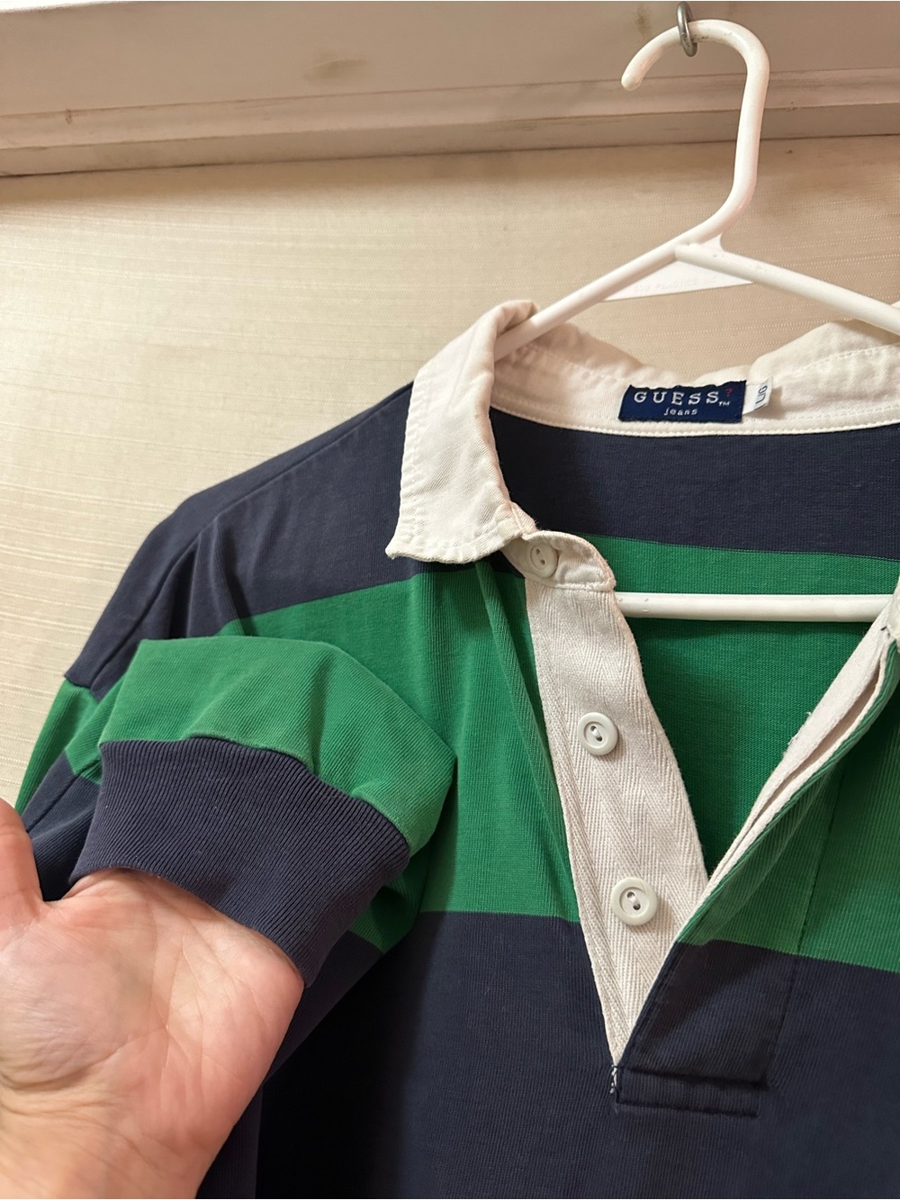 Vintage Y2K GUESS Jeans Rugby Shirt Green Blue Striped Oversized Long Sleeve - Picture 3 of 6
